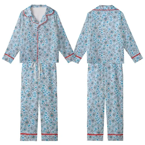 Nature Lovers' Powder Blue Delicate Floral Vine Chocolate Brown Cyan Botanical Pattern Kid Satin Pajamas Set