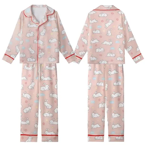 Adults' Soft Pink Blush Bunny & Pastel Floral Cloud Footed Pajama Kid Satin Pajamas Set