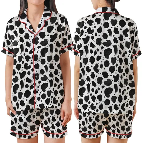 Modern Style Enthusiasts' High Contrast Black Inkblot Organic Abstract Brushstroke Pattern Satin Short-Sleeve Pajamas Set