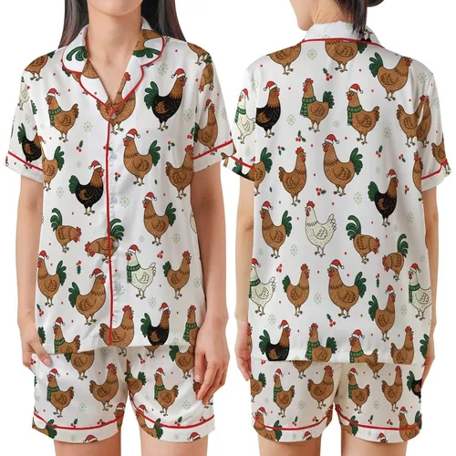 Christmas Enthusiasts' Whimsical Chicken Rooster Red Green Holly Berry Holiday Print Satin Short-Sleeve Pajamas Set
