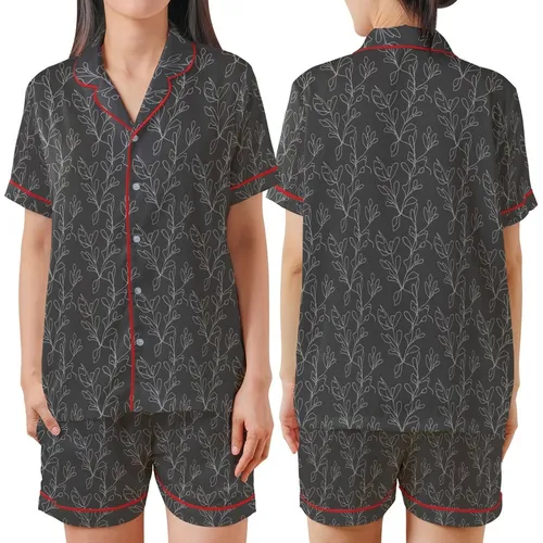 Women's Organic French Linen: Charcoal Abstract Botanical Print - Relaxed Fit Lounge Set Satin Short-Sleeve Pajamas Set