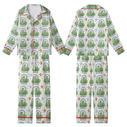 Nature Lovers' Gentle Illustrative Muted Blue-Grey Arched Window Pattern, Green Foliage, Aqua Teal & Ochre Birds Kid Satin Pajamas Set