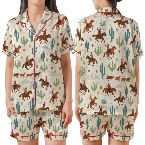 Western Enthusiasts' Rustic Vintage Desert Pattern with Saddle Brown Cowboys Teal Cacti Burnt Orange Suns Satin Short-Sleeve Pajamas Set