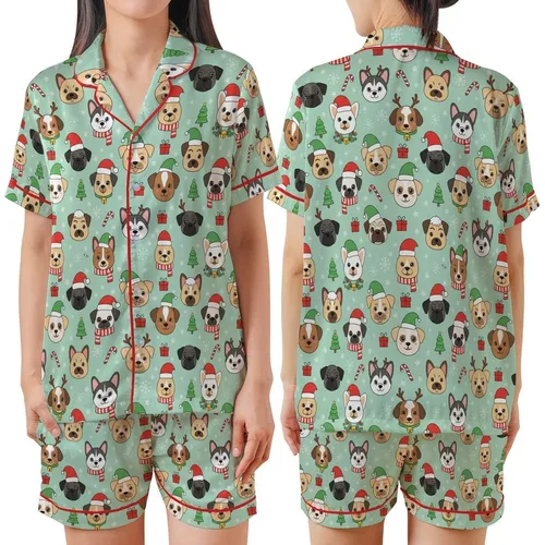 Dog Lover Family Christmas Pajamas: Festive Cartoon Dogs & Holiday Gifts Sleep Set Satin Short-Sleeve Pajamas Set