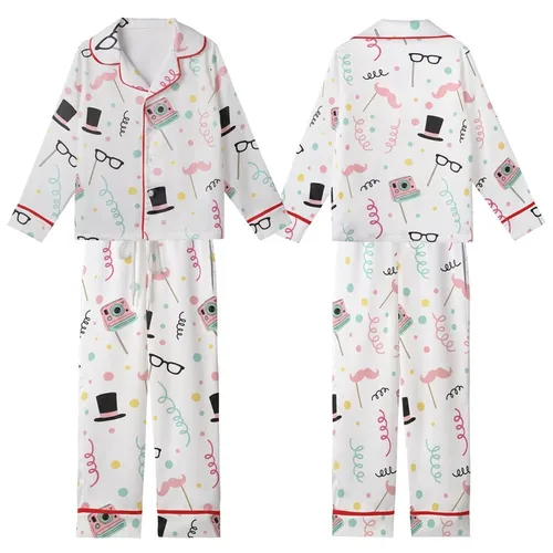 Pajama Party Whimsical Sleep Set: Photo Booth Props, Confetti & Streamers Print Kid Satin Pajamas Set