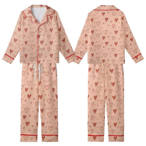 Women's Muted Peach Pink Hearts & Stars Terracotta Print Classic Collar Pajama Set Kid Satin Pajamas Set