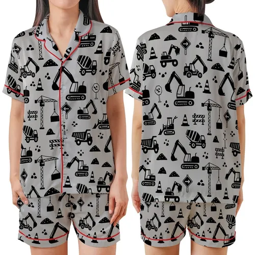 Construction Lover: Dynamic Black Heavy Machinery Pattern - Light Grey Flat Design Motif Satin Short-Sleeve Pajamas Set