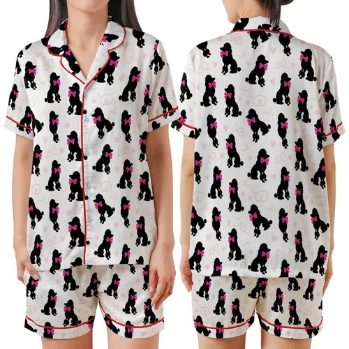 Women's Black Poodle Mama Pajama Pants: Pink Bow Silhouette All-Over Pattern - Soft Brushed Polyester Satin Short-Sleeve Pajamas Set