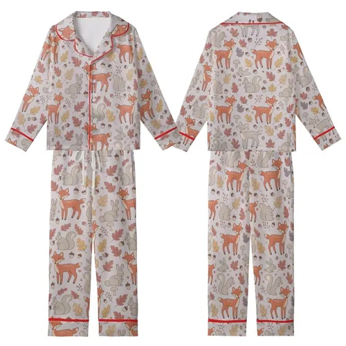 Whimsical Style Adorers' Cute Autumn Woodland Animals Flat Graphic on Pale Lavender-Grey with Terracotta Ochre Dusty Rose Leaves Kid Satin Pajamas Set