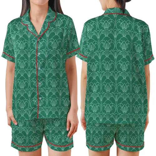 Women's Emerald Velvet Kimono Style Art Deco Geometric Teal Pattern Loungewear Sleep Set Satin Short-Sleeve Pajamas Set