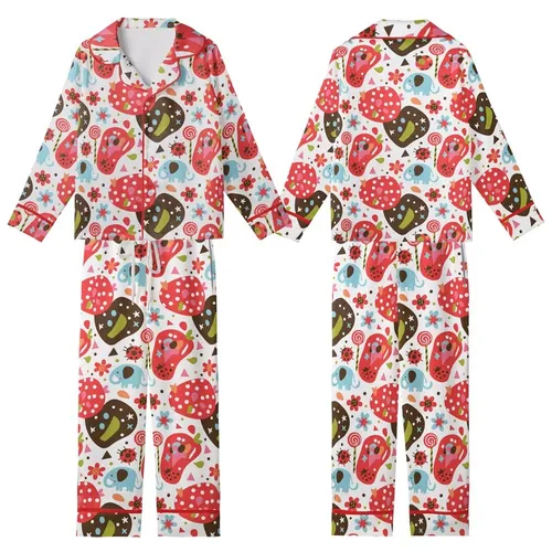 Whimsical Style Lovers' Playful Doodle Elephants, Polka Dot Mushrooms, Flowers Pattern: Red, Brown, Sky Blue, Pink Kid Satin Pajamas Set