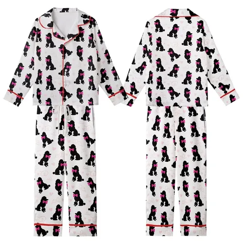 Women's Black Poodle Mama Pajama Pants: Pink Bow Silhouette All-Over Pattern - Soft Brushed Polyester Kid Satin Pajamas Set