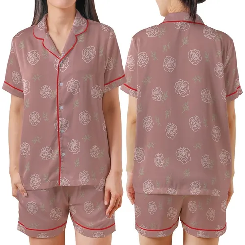 Bridesmaid Dusty Rose Silky Satin Sleep Set: Personalized White Rose Eye Mask & Scrunchie Satin Short-Sleeve Pajamas Set