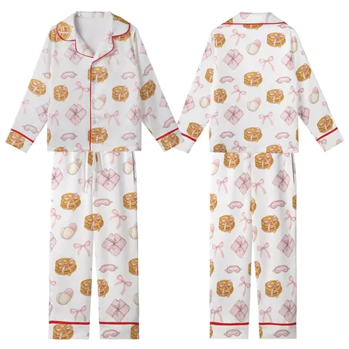Girls' Watercolor Pancakes & Pink Bow Pajamas Sleep Set Kid Satin Pajamas Set