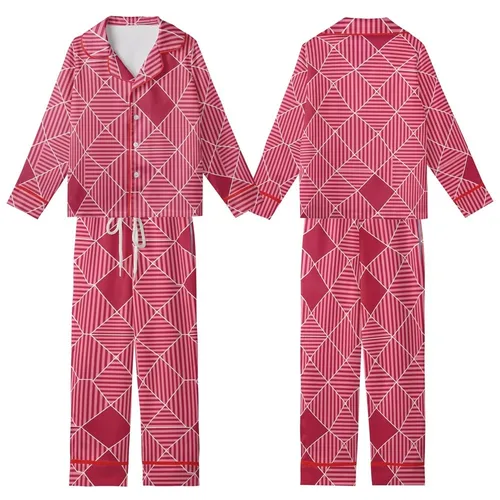 Women's Pink Red Abstract Striped Polygon Pure Cotton Pajamas Kid Satin Pajamas Set