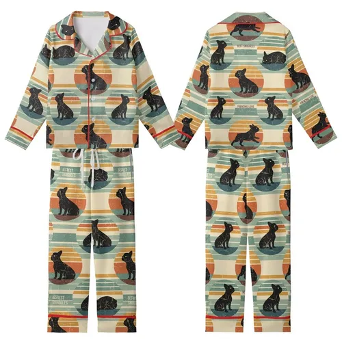 French Bulldog Lover Retro Pajamas: Vintage Frenchie Silhouettes & Muted Sunset Stripe Sleep Set Kid Satin Pajamas Set