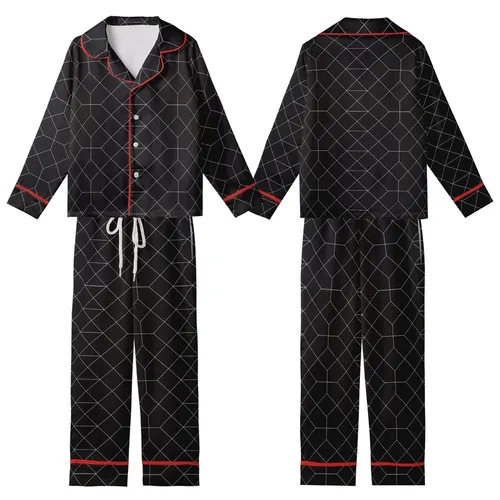 Modern Minimalists' Deep Black Crisp White Geometric Interlocking Grid Pattern Kid Satin Pajamas Set