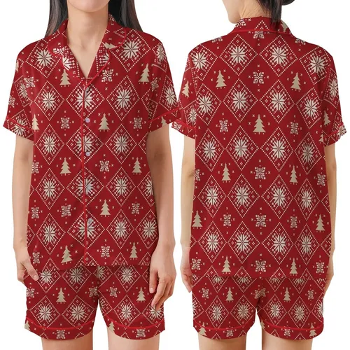 Winter Style Enthusiasts' Deep Red Fair Isle Geometric Diamond Snowflake Reindeer & Tree Pattern Satin Short-Sleeve Pajamas Set
