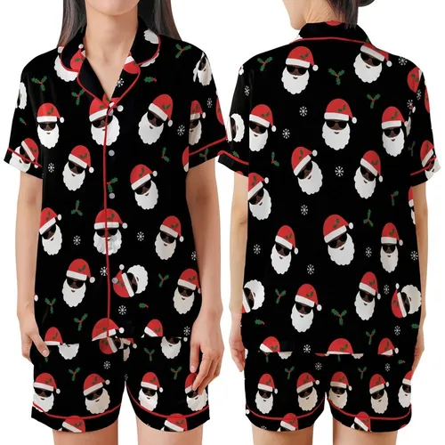 Festive Holiday: Black Santa Sunglass Heads & Holly Pattern - Vector All-Over Print Satin Short-Sleeve Pajamas Set