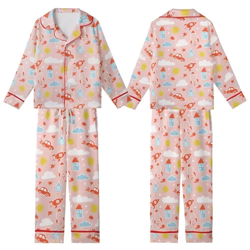 Flower Girl Pink Satin Pajama Set: Whimsical Rocket Sun Chalk Art Design Kid Satin Pajamas Set