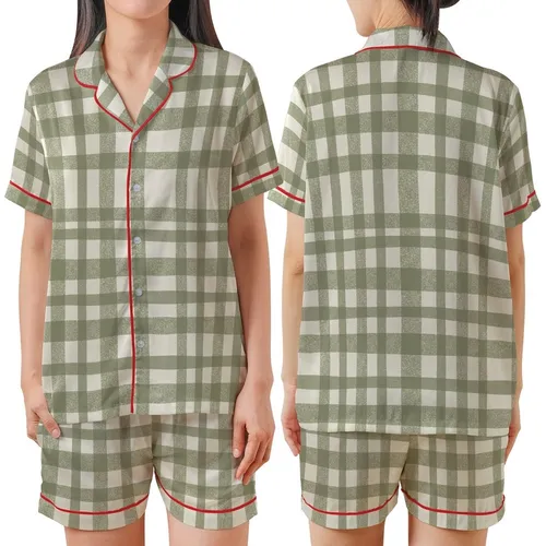 Women's Rustic Khaki Green Plaid Linen Comfort Ensemble Satin Short-Sleeve Pajamas Set