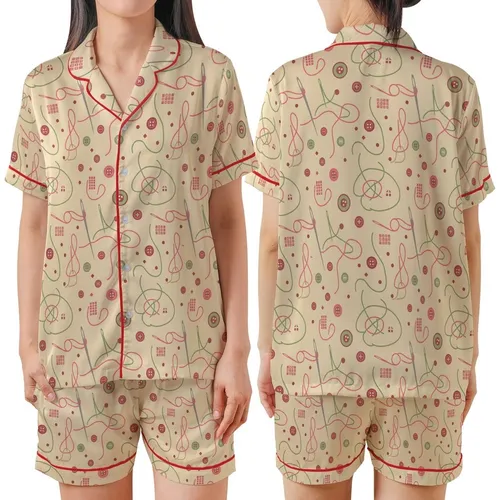 Sewists' Cozy Loungewear Pattern: Needle & Thread, Beige Dusty Rose Sage, Long/Short Sleeve, XXS-5XL PDF Satin Short-Sleeve Pajamas Set