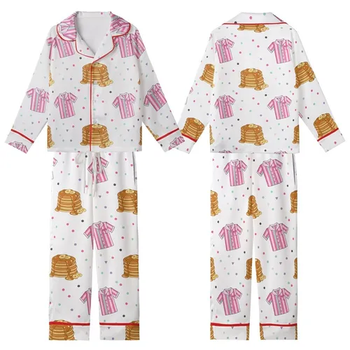 Pancakes & Pajamas Whimsical Golden Stacks, Amber Syrup & Pink Striped Sleep Set Kid Satin Pajamas Set