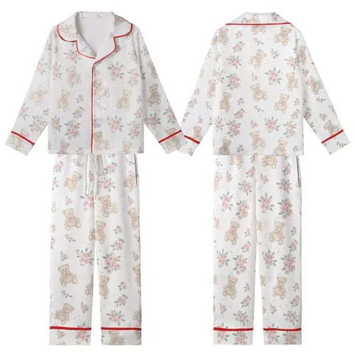 Sweet Style Lovers' Illustrative Classic Teddy Bear Dainty Floral Pale Pink Sage Green Muted Teal Kid Satin Pajamas Set