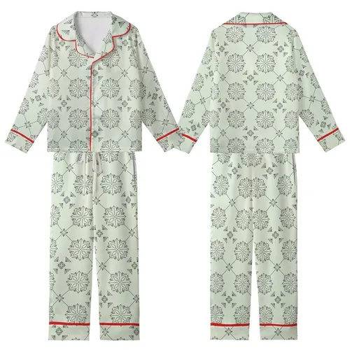Women's Refined Pale Pistachio Green Black Seamless Interlocking Geometric Botanical Pattern Kid Satin Pajamas Set