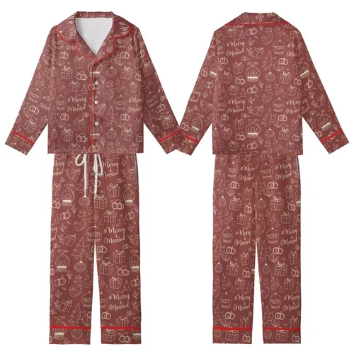 Newlyweds' Whimsical Hand-Drawn Merry & Married Christmas & Wedding Pattern on Muted Brick Red Kid Satin Pajamas Set