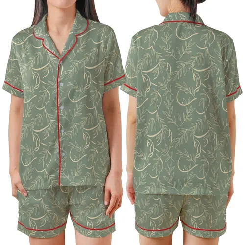 Bridesmaid & Bridal Party Satin Pajama Set: Golden Olive Branch Script on Sage Green Satin Short-Sleeve Pajamas Set