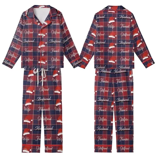 Spouses' Traditional Red Blue Plaid Christmas Design with Husband Wife Script & Santa Hats Kid Satin Pajamas Set