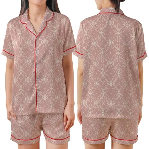 Bridesmaid Pajamas: Muted Rose Filigree Floral Modal Sleep Shorts Set Satin Short-Sleeve Pajamas Set