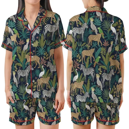 Women's Navy Jungle Animal Print Ultra-Soft Cotton Sleepwear Ensemble: Hand Block Leopard Zebra Bird Design Satin Short-Sleeve Pajamas Set