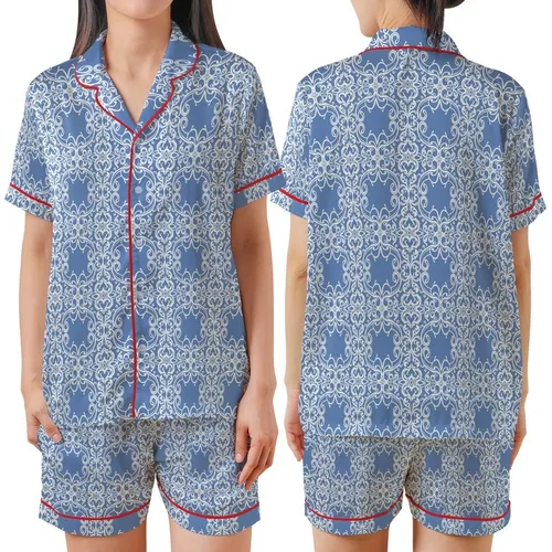 Women's Elegant Dusty Periwinkle Blue White Damask Interlocking Pattern Satin Short-Sleeve Pajamas Set