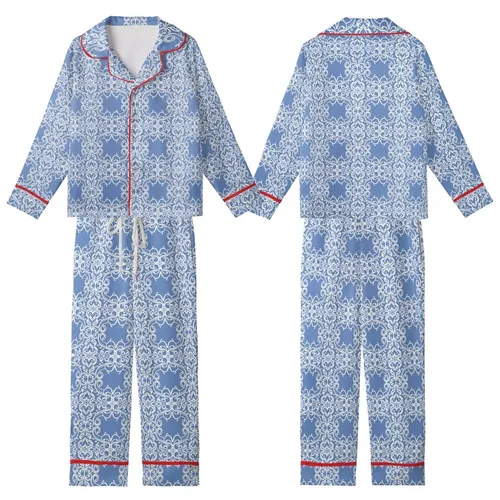 Women's Elegant Dusty Periwinkle Blue White Damask Interlocking Pattern Kid Satin Pajamas Set