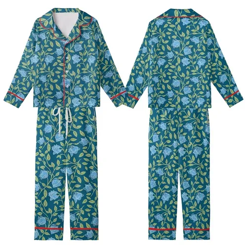 Women's Floral Cotton Sleep Set: Indian Teal Bell Flower Block Print Loungewear Kid Satin Pajamas Set