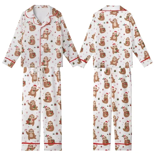 Sloth Lover's Merry Slothmas Sleep Set: All-Over Cartoon Sloth & Santa Hat Polyester Blend Kid Satin Pajamas Set