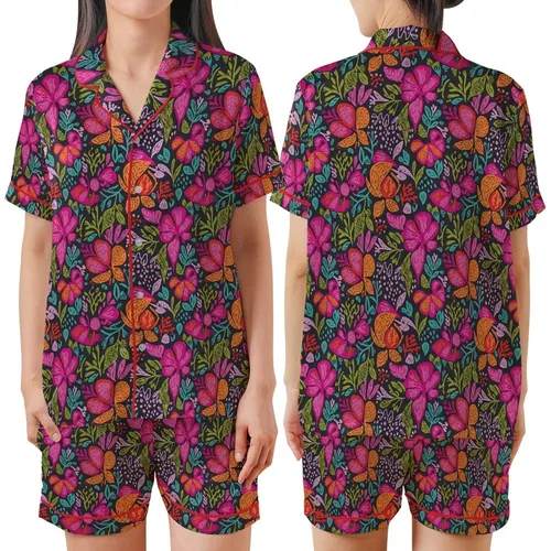 Women's Indian Floral Hand Block Print Cotton Pajama Set: Vibrant Abstract Botanical Nightwear Satin Short-Sleeve Pajamas Set