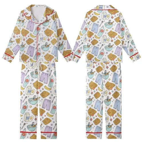 Youthful Enthusiasts' Hand-Drawn Breakfast & Sleepover Seamless Pattern White Pastel Bold Black Outline Kid Satin Pajamas Set