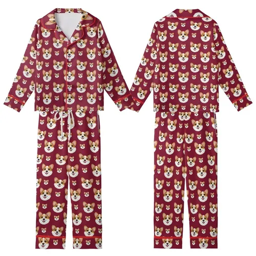 Corgi Lovers' Cheerful Photorealistic Corgi Faces Scattered All-Over Deep Crimson Red Kid Satin Pajamas Set