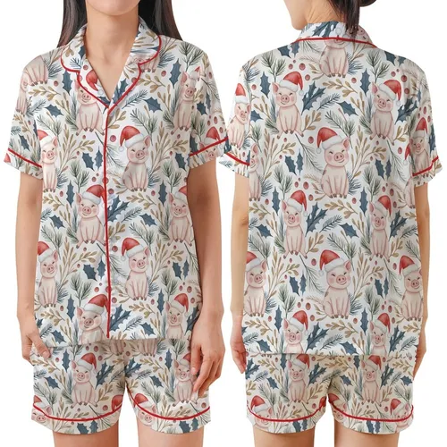 Pig Mom Holiday Pajamas: Hand-Drawn Watercolor Santa Pig & Winter Botanical Sleep Set Satin Short-Sleeve Pajamas Set