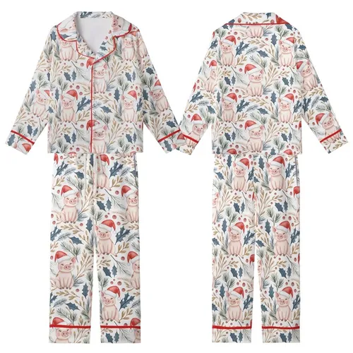 Pig Mom Holiday Pajamas: Hand-Drawn Watercolor Santa Pig & Winter Botanical Sleep Set Kid Satin Pajamas Set
