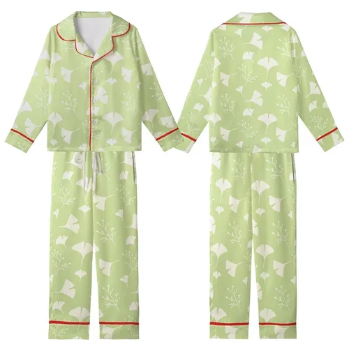 Women's Tailored Organic Cotton Loungewear Set: Abstract Botanical Ginkgo, Lime Green Cream Plus Size Sleepwear Kid Satin Pajamas Set