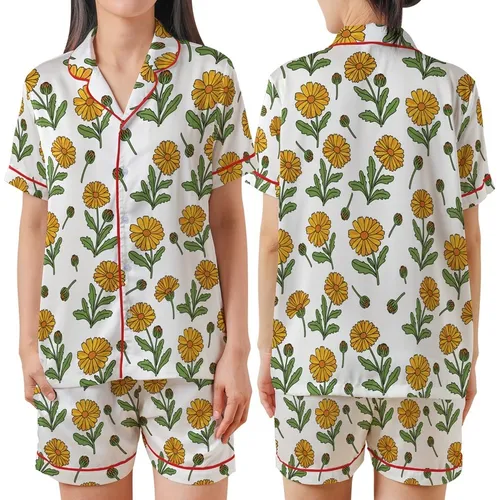 October Celebrants Detailed Marigold Floral Illustration Yellow Orange Green Botanical Print Satin Short-Sleeve Pajamas Set