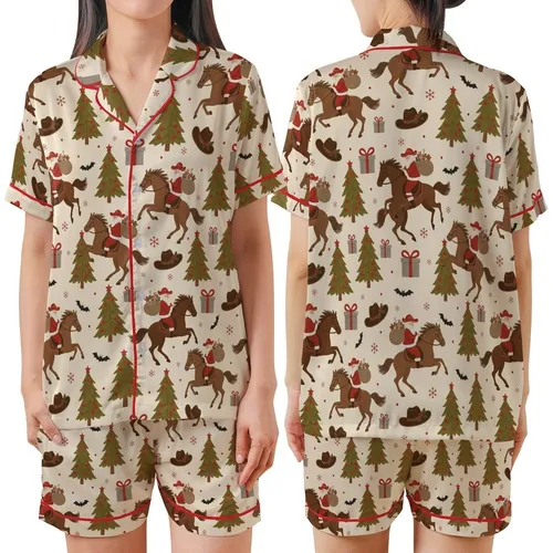 Western Holiday Enthusiast: Rustic Santa Cowboy Horse & Bat Seamless Graphic Print Satin Short-Sleeve Pajamas Set