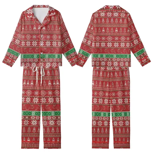 Festive Winter Design: Fair Isle Nordic Reindeer & Snowflake Print - Seamless Holiday Motif Kid Satin Pajamas Set