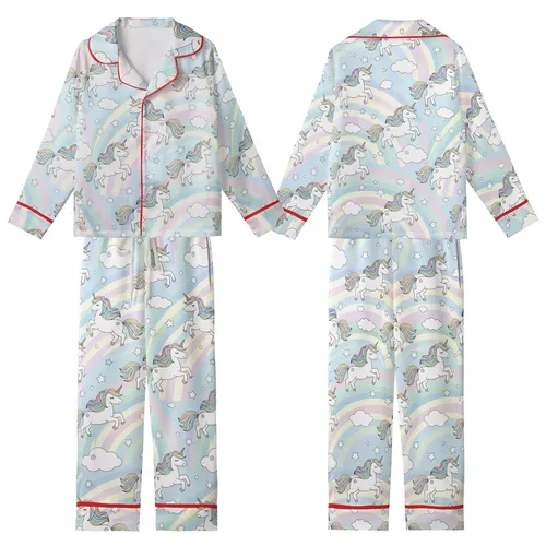 Fantasy Lover's Flat Cartoon Unicorn Pastel Rainbow Seamless Pattern Kid Satin Pajamas Set