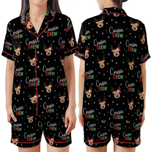 Cousin Crew Festive Graphic: Playful Cartoon Reindeer, Santa Hats & Snowflakes - Black Family Print Satin Short-Sleeve Pajamas Set