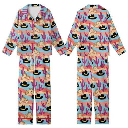 Sweet Cowgirl Satin Pajamas Set: Whimsical Desert Horse, Hat & Fuchsia Cactus Loungewear Kid Satin Pajamas Set